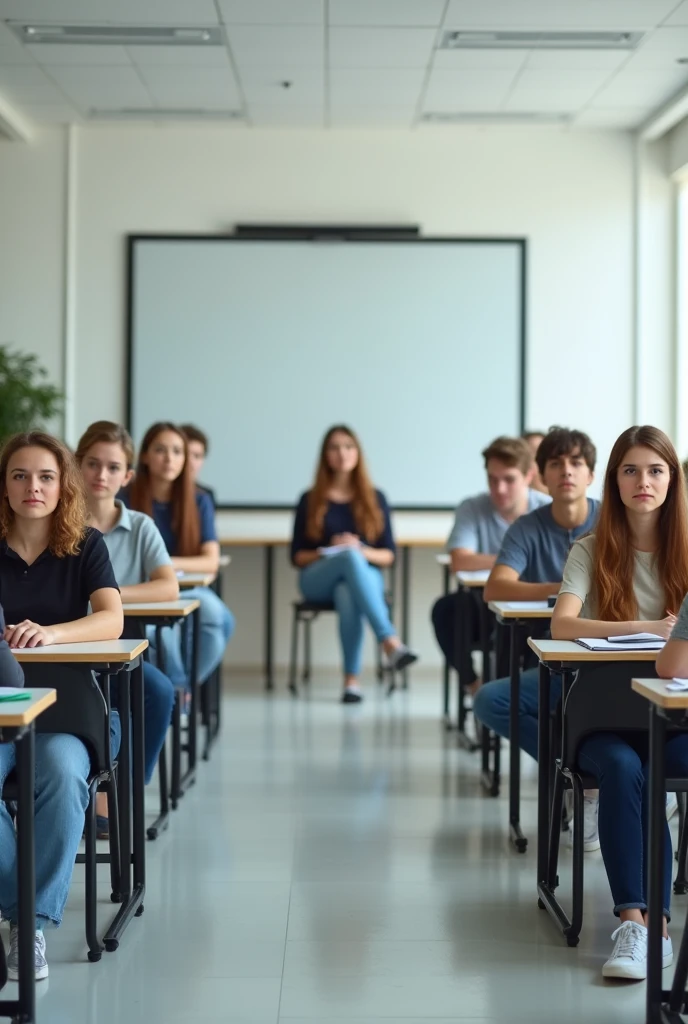 White college classroom without the board focusing on young and adult students in front paying attention to the camera