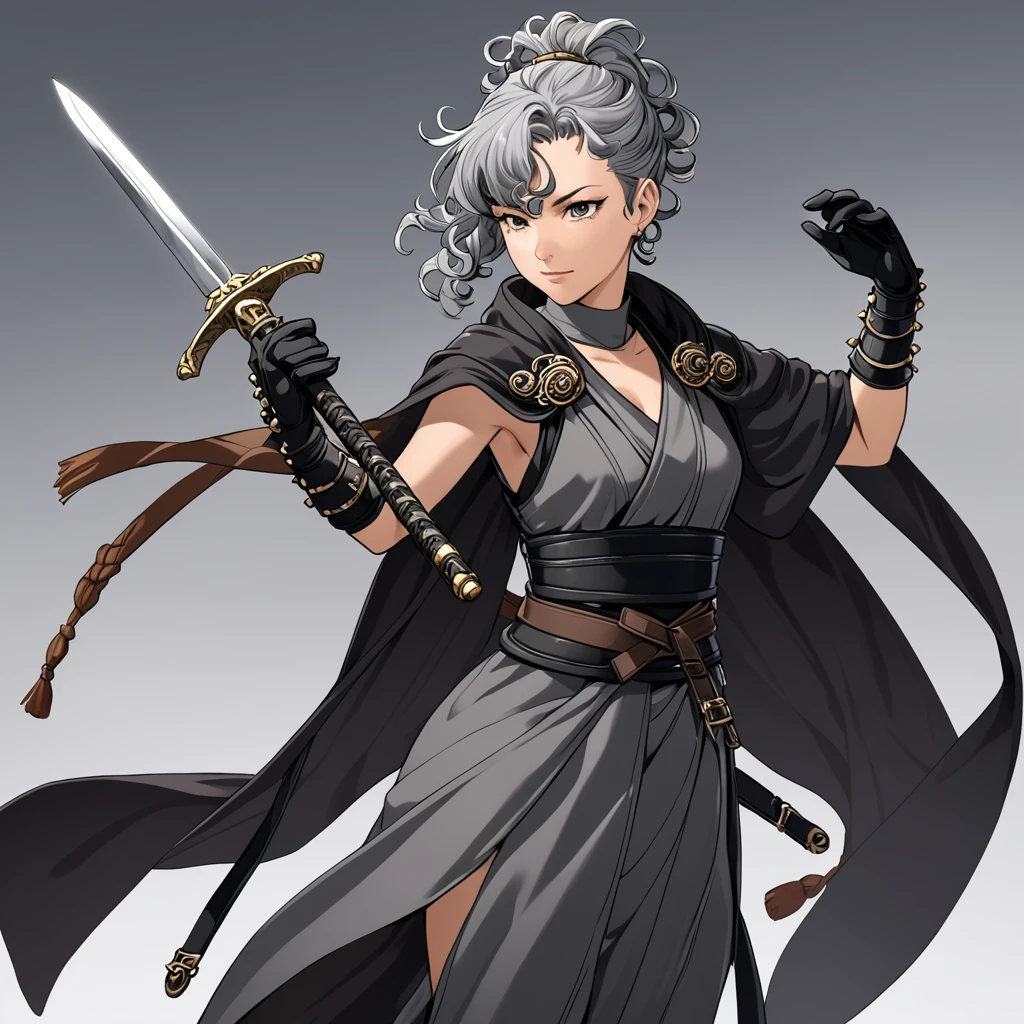monk with short, curly gray hair styled in a simple ponytail. She wears a loose-fitting robe made from a material that resembles obsidian. She carries a pair of short swords and wears a pair of leather gloves with studs scattered across the fingers.