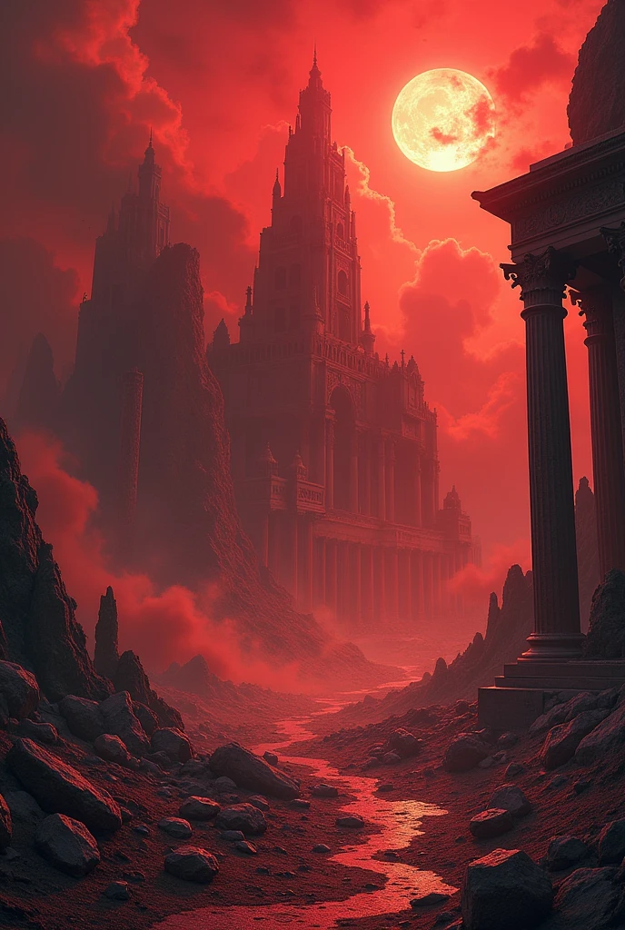 Destruction of the palace of hades, in the world of Tartarus,with red sky and red desert 