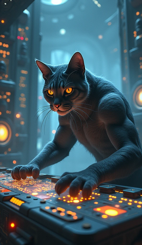 Alien Control Panel: Luna the muscular cat confronts the alien control panel, a tangle of glowing buttons and screens, her paws poised for action.