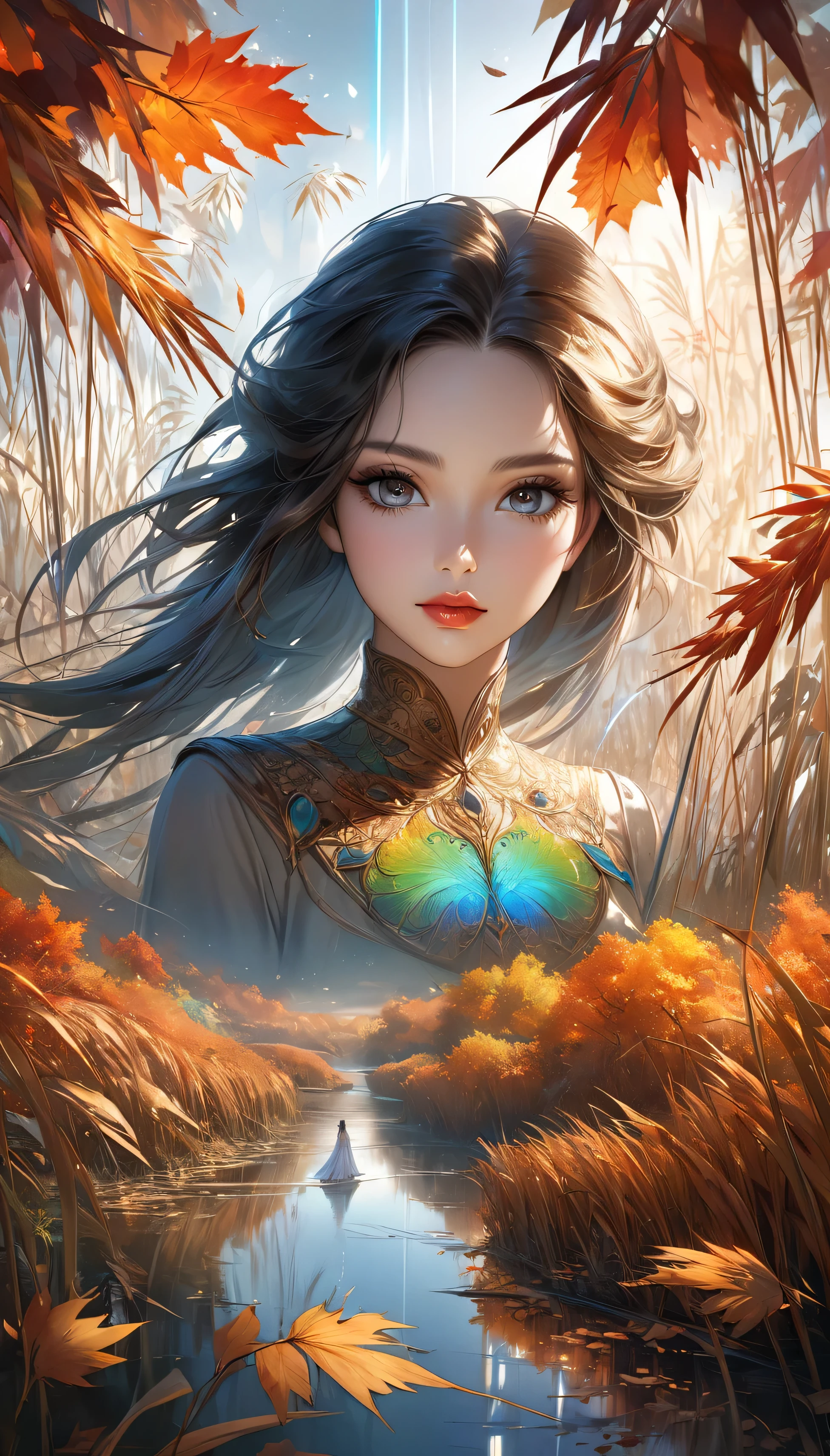 Reed landscape, bright canvas, The reed leaves are fluttering, Transparent holographic reflection, Surreal landscape made of reed leaves, Leaves viewers speechless, 
A beautiful world, 1 Indian woman, detailed eyes, Black eyes, detailed lips, very detailed face, long eyelashes, Beautiful and detailed portraits, elegant, tranquil expression, autumn, high quality, 8k, 
realistic, surrealist, studio lighting, Physically Based Rendering, vivid colors, movie lights, dramatic lighting, soft lighting,
 dramatic contrast, clear, ethereal, dreamlike, mysterious, magical, fancy, concept art
