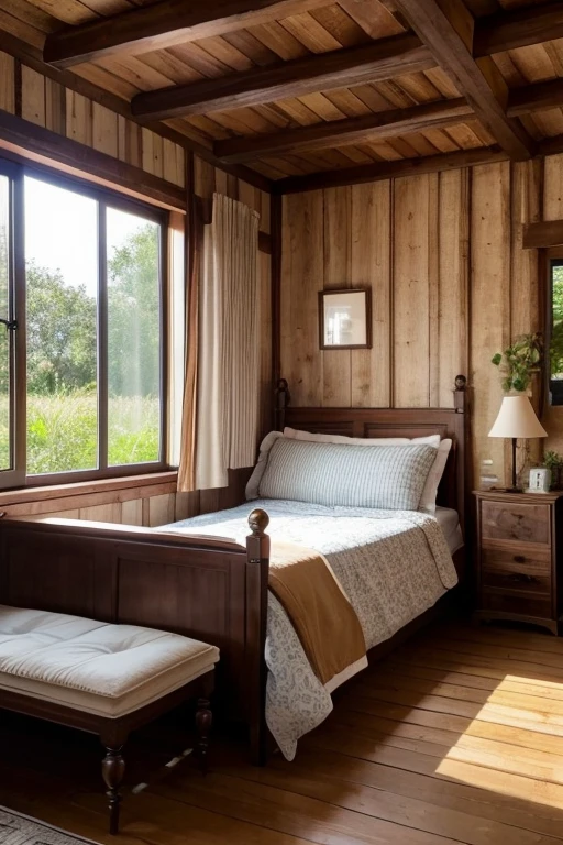 Southern Island Small House Bed in the Room、machine、indirect lighting、Foliage plant、Wood Deck、Country atmosphere、Woodhouse、antique、A little bit European、living、indoor、antique家具、Holiday Homes、sofa、cushion、Large windows、Outside you can see palm trees and a sandy beach.、The pillars and walls of the room are all made of wood.、machineの上には本とコーヒー、The furniture has a modern gothic feel、A room with a lot of stuff、The lighting is a bare bulb、Increase the number of star-themed miscellaneous goods and accessories、It's evening outside and the sunset sky is visible from the window.、View of sandy beach and palm trees、The window is empty、The curtains are fluttering in the wind、In the evening atmosphere、More sad evening air