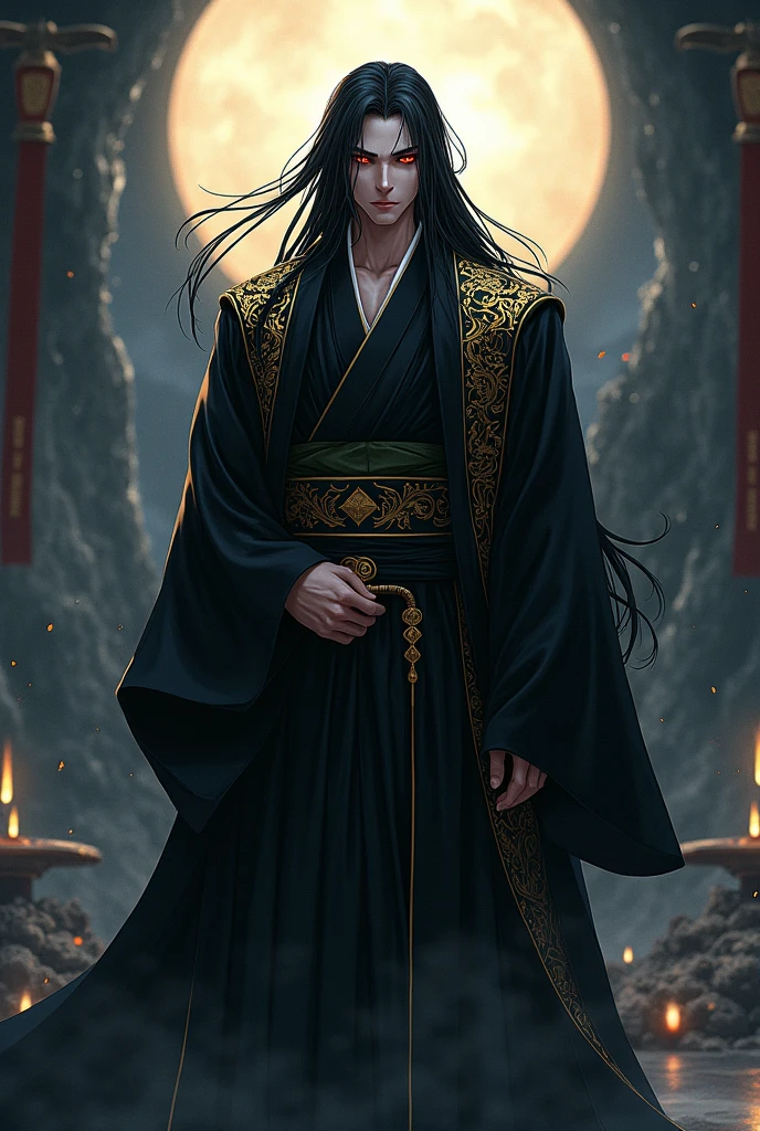 anime style, male , majestic features, cold , long black hair, crimson eyes , black kimonno with golden strips , dark souls like backgroung