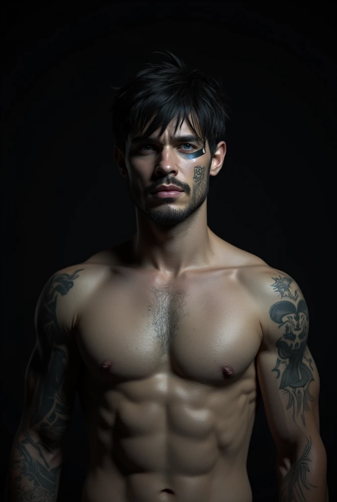 a 2 Latino man .White skin hey. Shaggy black hair, shirtless, with tattoos on one arm, sexy man face, with one black eye and the other blue a scar from the middle of the forehead to the middle of the cheek light. Strong man body with abs and squares and arms and a v-shaped waist