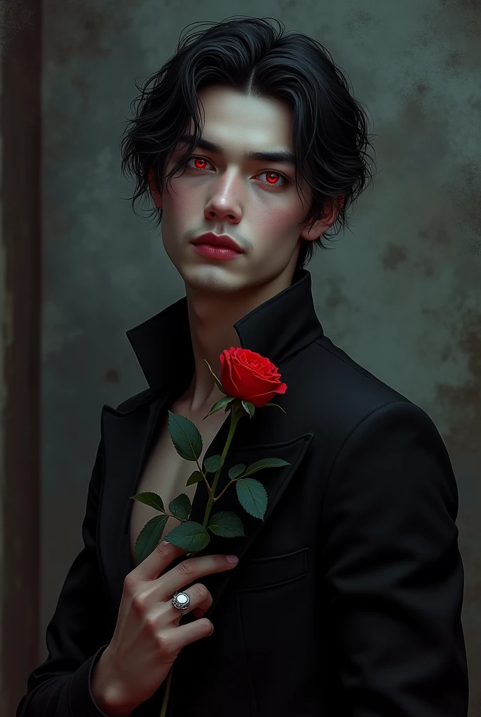 sexy male vampire, young, 19 years, Man, black hair and red eyes, sehr young, smile, smile, vampire teeth, holding rose pose, leaning back, lowering, Front facing