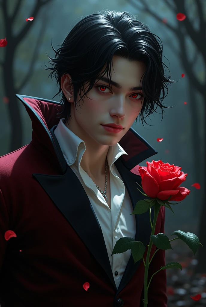 sexy male vampire, young, 19 years, Man, black hair and red eyes, sehr young, smile, smile, vampire teeth, holding rose pose, leaning back, lowering, Front facing