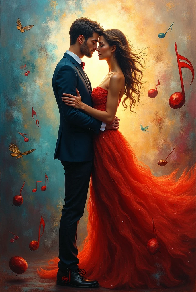Beautiful man and woman painting, music background, imaginative, modern, color painting.