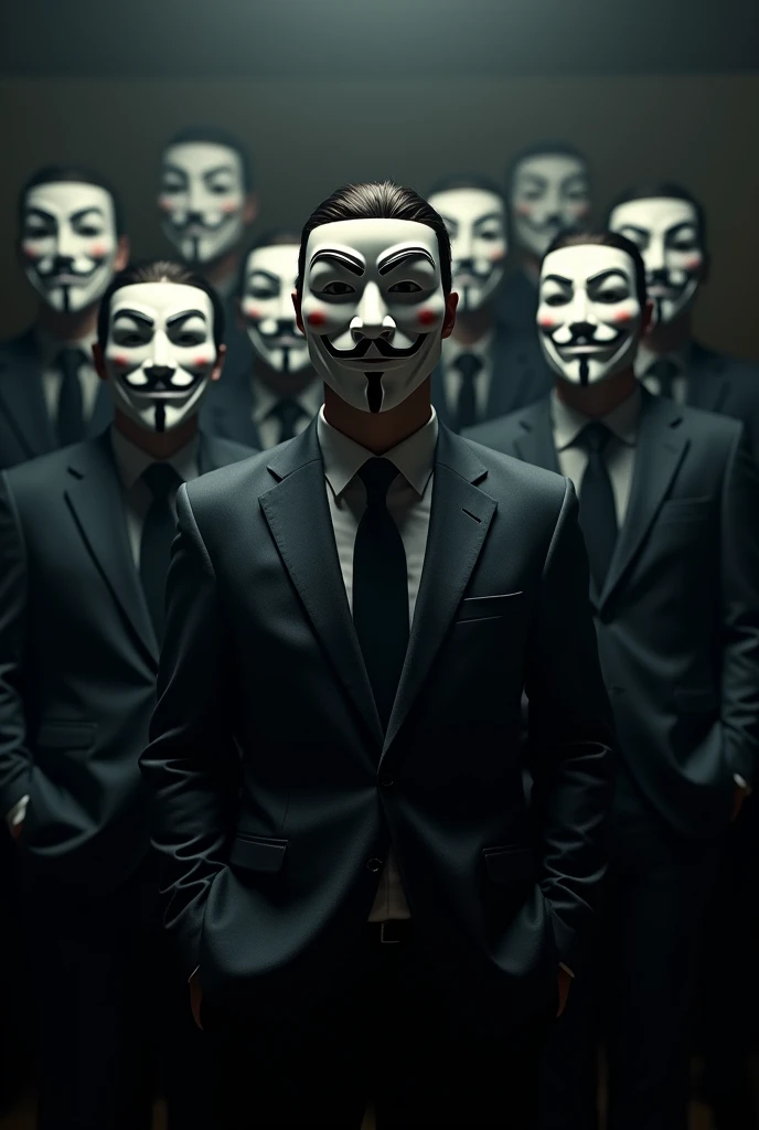 several people with the guy fawkes mask in a dark environment. everyone is in business clothes and looking at the camera.