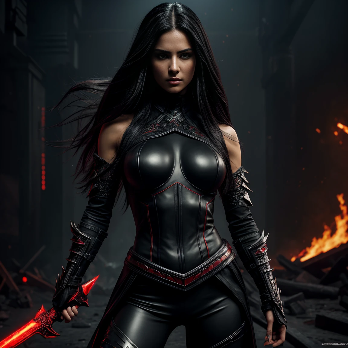 A striking, highly detailed digital illustration by artist Luis Royo The central figure is a female warrior with a fierce, determined expression. She has long, straight black hair, fair skin, and a slender, athletic build. Her attire is futuristic and armored, predominantly in red and black with metallic accents. She is wearing a minimalistic, revealing outfit that includes high-heeled boots, a short, sleeveless top, and thigh-high leggings. Her breasts are partially exposed. She holds a massive, two-headed warhammer in her right hand, which is adorned with sharp, serrated edges and glowing red details. The background is a chaotic, dark scene with an ominous, otherworldly atmosphere. It is filled with fiery red and black hues, suggesting a battle or a scene of destruction. Large, skeletal, demonic creatures with glowing red eyes and sharp claws are depicted in the background, adding to the intense, apocalyptic feel ((masterpiece, top quality, Highest image quality, High resolution, Photorealistic, RAW photo, 8K)), ((extremely detailed CG wallpaper unified 8k)), (Huge stunning shot of the goddess, Very hot and sexy, stunning beauty, Ideal proportions, Beautiful body, Slim body, beauty:1.4) caption: "KlausLoki" is indicated in the down right corner of the picture