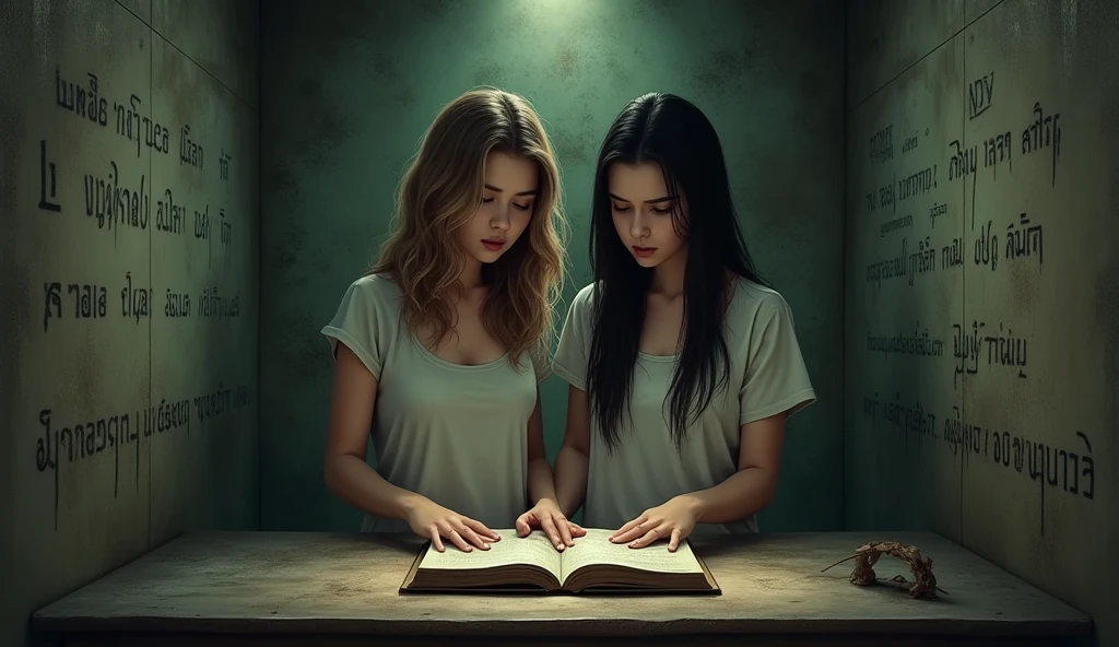 "A small, dimly lit hidden room, with walls covered in scratched thai messages and eerie carvings. In the center of the room, an old, decaying diary lies open on a dusty table. Two young women one is a lively, outgoing young Thai woman in her late teens with wavy shoulder-length light brown hair. She is dressed in trendy, casual clothing, and A Thai young woman in her late teens with long, straight black hair, wearing a simple pajama and two of them look of nervousness on her face stand close together, reading the diary with expressions of shock and horror. The room feels frozen in time, with an oppressive atmosphere that hints at the tragic events that once took place there."