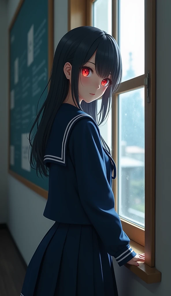 A beautiful girl with red eyes wearing a navy blue sailor uniform standing by the window in the classroom, (((red eyes))), Highest quality、Highest quality、Masterpiece、Ultra high definition、Reality、Detailed eyes and face、Professional photography techniques、Glowing red eyes、Mysterious Space、