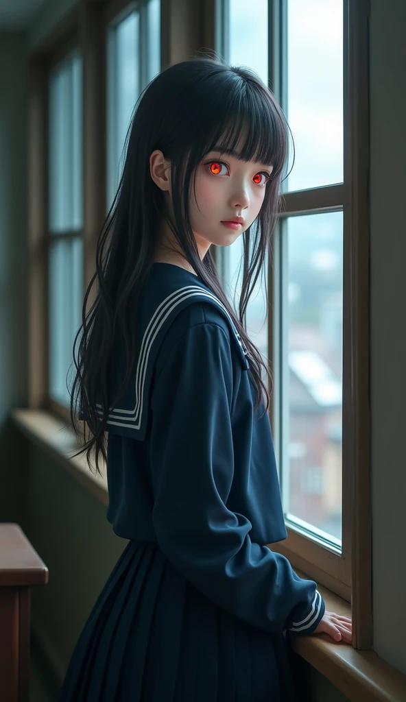 A beautiful girl with red eyes wearing a navy blue sailor uniform standing by the window in the classroom, (((red eyes))), Highest quality、Highest quality、Masterpiece、Ultra high definition、Reality、Detailed eyes and face、Professional photography techniques、Glowing red eyes、Mysterious Space、