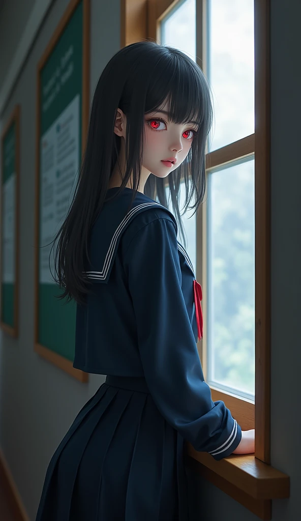 A beautiful girl with red eyes wearing a navy blue sailor uniform standing by the window in the classroom, (((red eyes))), Highest quality、Highest quality、Masterpiece、Ultra high definition、Reality、Detailed eyes and face、Professional photography techniques、Glowing red eyes、Mysterious Space、