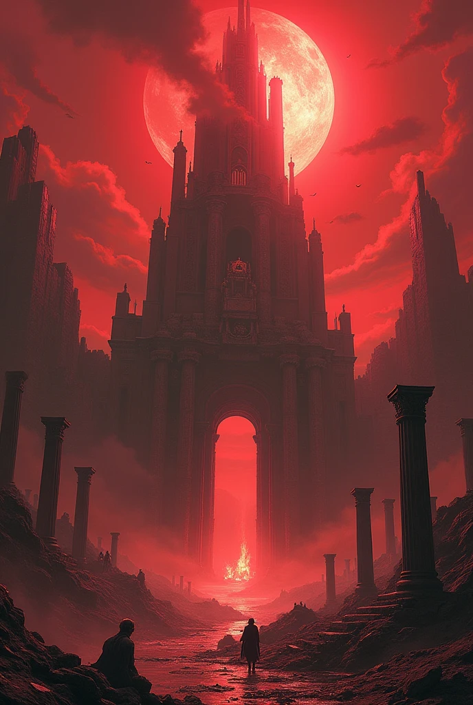 Destruction of the palace of hades, in the world of Tartarus,with red sky and red desert