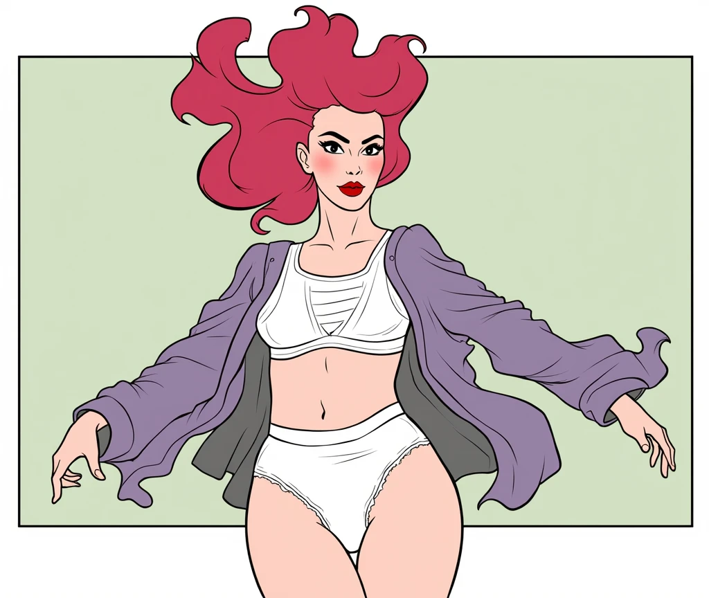 (masterpiece, best quality)), ((((perfect anatomy)))), Curvy Latina with long red hair, dark eyeshadow, dark red lipstick, white bra, (((white cotton panties))), purple robes, (((Western cartoon style)))