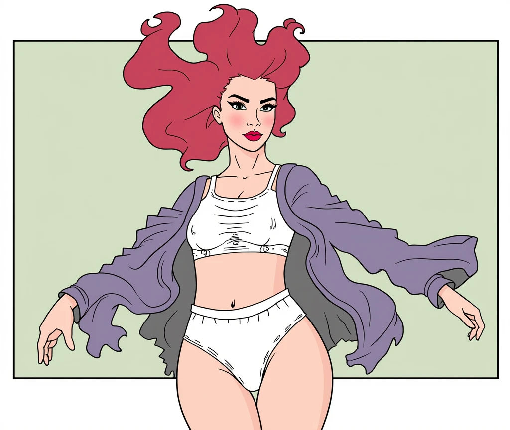(masterpiece, best quality)), ((((perfect anatomy)))), Curvy Latina with long red hair, dark eyeshadow, dark red lipstick, white bra, (((white cotton panties))), purple robes, (((Western cartoon style)))