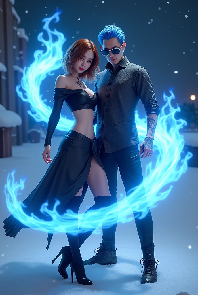 Virtual image, Virtual Magic, 1 girl, beautiful, Seductive, sexy, Asia, Medium bust, Bronze hair, medium length hair, light blue eyes, light red lips, tattoo, Black off shoulder top, sexy, skirt, tights, high-heels, full body, Suitable background, Real picture, Standing next to a man with blue hair and sunglasses., Pose together magic, Blue flames circulating around the body, very realistic., Snow at night with twinkling stars in the sky