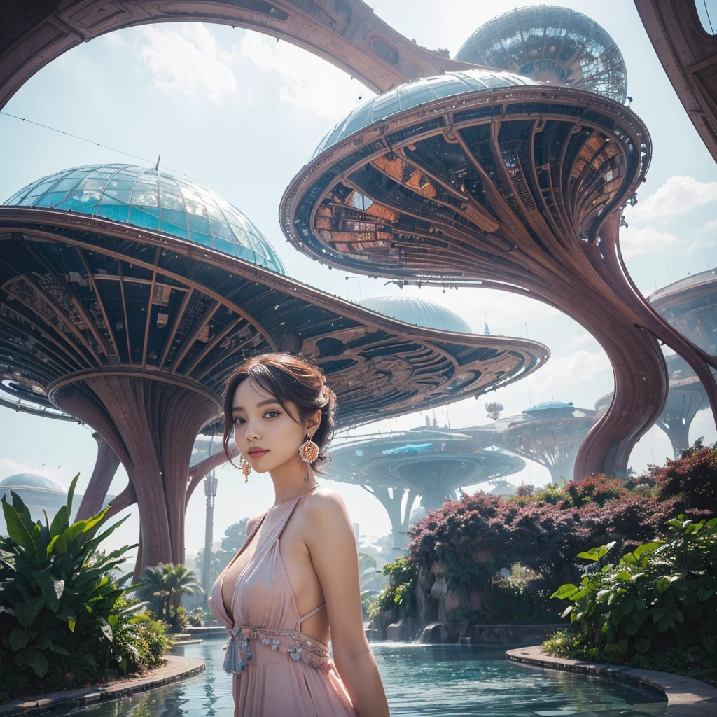 Alien planet, (((perfect young minami hamabe)), Minami Hamabe closeup portrait, exotic alien planet, night shot, many colorful lights, very futuristic, futuristic exotic park with water features, fantastically beautiful ambience with magical plants and flowers,, very elegant, extravagant curved architecture, exotic ambience, futuristic very extravagant and exotic architecture, elegant curved and round shapes, transparent domes, playful cool sexy scify dress in pastel colours, stunning outfit, legeres dress, (Ultra-High-Definition)(masterpiece(Very detailed)(perfect quality)(最good quality)(, (16K ),upper body, relaxed, extremely friendly expression, mischievous smile, ,shorth hair, , uhd, masterpiece, trending on artstation,, award winning foto, cinematic, stylish earrings, dynamic pastel colours, burgunder rot, orange, detailed environment, futuristic environment, many sexy women in the background, busy scene,