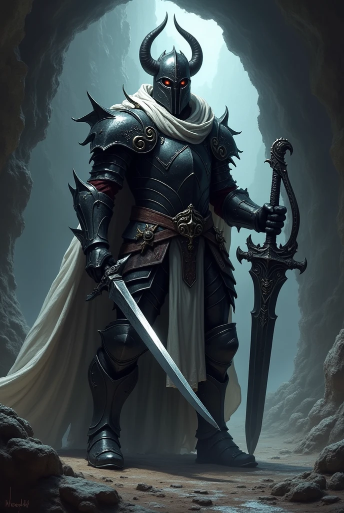 A dark warlord clad in black plate armor with a white cape, wearing an iron helmet adorned with bat wings on the sides. He stands inside a dimly lit cave, gripping a sinister-looking sword in one hand and a crossbow in the other. The sword is jagged and menacing, reflecting the low light, while the crossbow appears robust and deadly. The cave’s shadows dance around him, enhancing his imposing figure in a low-magic medieval fantasy setting, creating a sense of danger and power.