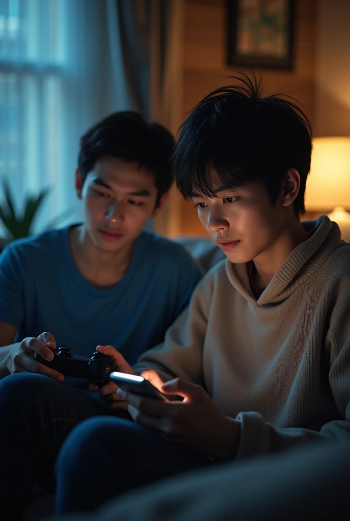 A person in an apartment playing video games and next to them another person playing cell phone late