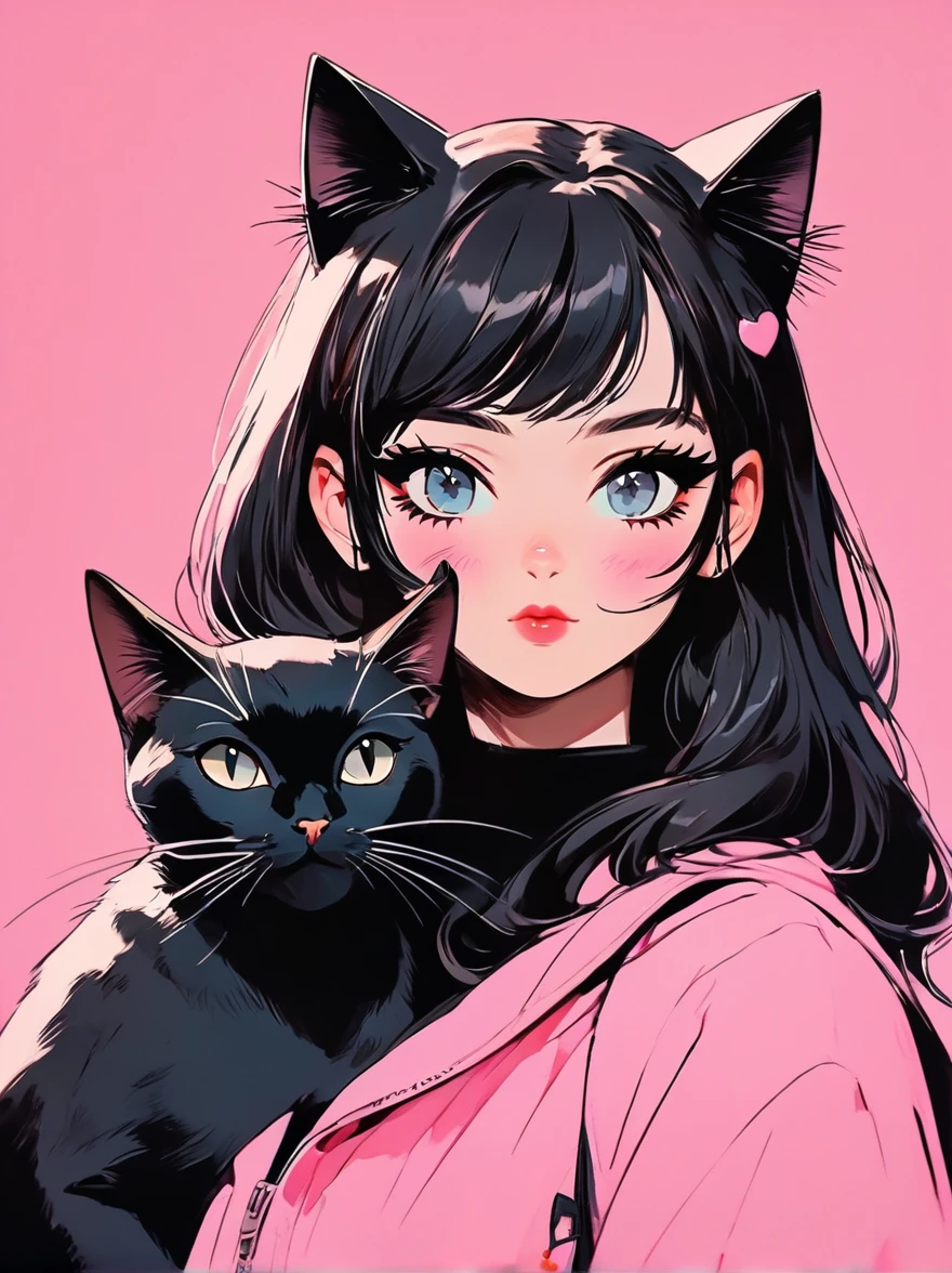 Anime girl with black cat on a pink background, Goth Cat Girl Portrait, Catwoman, Anime-style illustrations, アニメスタイル 4K, Anime style portrait, Ilya Kuvshinov. 4K, Catwoman, Artem and Ilya Kubyshin, Emo girl and her , Beautiful anime cat girl, Anime Style, Anime Style. 8k