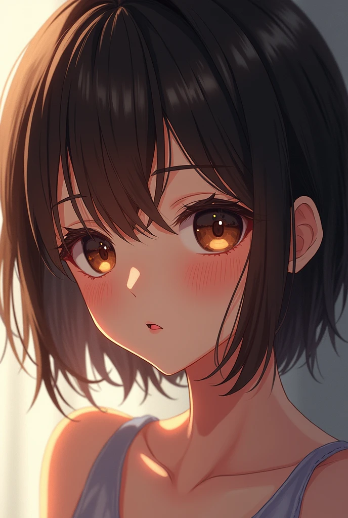 Anime girl with short hair dark brown skinskin and looking at the camera with her twin