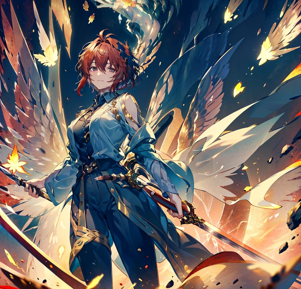 male, 180cm tall, androgynous beauty, sharp golden eyes, short messy flame-red hair, medium build, ethereal appearance, wearing a disheveled black dress shirt with rolled-up sleeves, black skinny pants, holding a katana, sword master, twilight sky background, reflective water surface, detailed anime style illustration, intense expression with slight smile, hidden power aura, fire and sparks swirling around the character