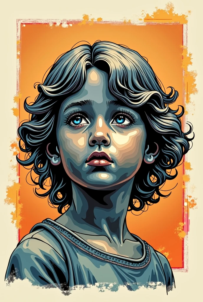 A bronze statue of a , very detailed, child, hair below the shoulders. colourful drawing. in a square. drawing style , filled line art, 2d.