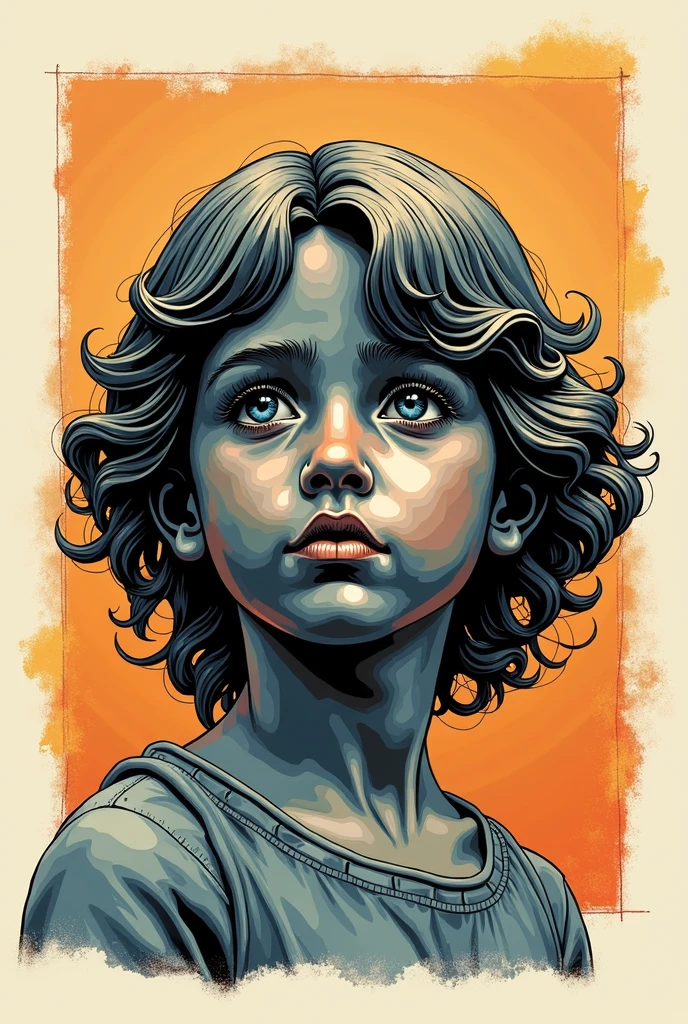 A bronze statue of a , very detailed, child, hair below the shoulders. colourful drawing. in a square. drawing style , filled line art, 2d.