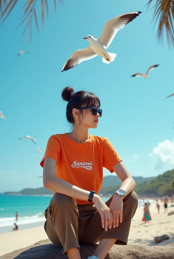 Beautiful Indonesian women , smooth white skin, well-groomed face,Korean style bun hair with bangs, orange t-shirt with Santi logo motif, (jumpsuit pants ) brown color ,wear sunglasses,Cool watch,
white shoes, pose sitting on top of a tree on the beach, under the bright blue sky, facing the blue sea, seagulls flying in large numbers,there seems to be a fishing boat, people are taking pictures on the beach.. Ocean waves hit the beach.. The view of the beach is amazing.beautiful and blue.. Realistic original photo