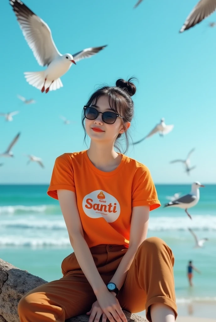 Beautiful Indonesian women , smooth white skin, well-groomed face,Korean style bun hair with bangs, orange t-shirt with Santi logo motif, (jumpsuit pants ) brown color ,wear sunglasses,Cool watch,
white shoes, pose sitting on top of a tree on the beach, under the bright blue sky, facing the blue sea, seagulls flying in large numbers,there seems to be a fishing boat, people are taking pictures on the beach.. Ocean waves hit the beach.. The view of the beach is amazing.beautiful and blue.. Realistic original photo