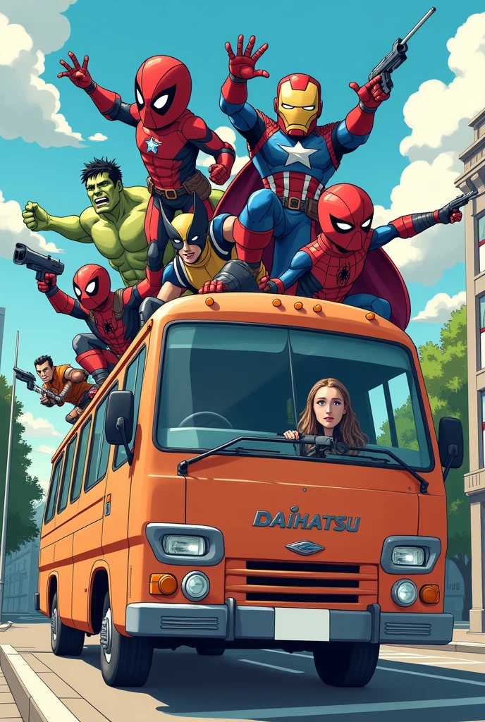 Create an image of the Avengers reimagined as a 2-dimensional cartoon. Include characters like Iron Man, Captain America, Thor, Hulk, Black Widow, spiderman, wolverine, deadpool and doctor strange. Design them with exaggerated anime style features, such as heads 4 times larger than normal size like caricatures and dynamic poses, place some of the characters in the bus, on top of the bus or flying with the background of a building that says Daihatsu, the bus is red and white and has Daihatsu writing that emphasizes action and intensity. Each character must have a unique anime-style weapon or accessory that matches their personality and strength on a plain colored background