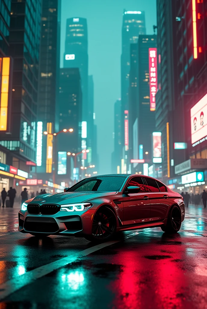 High Resolution, bmw m5 in cyberpunk city with neon lights green and blue and red and yellow