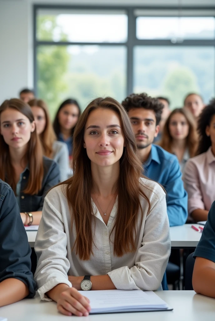 White college classroom without chalkboard focusing on young and adult students present in front paying attention to the camera