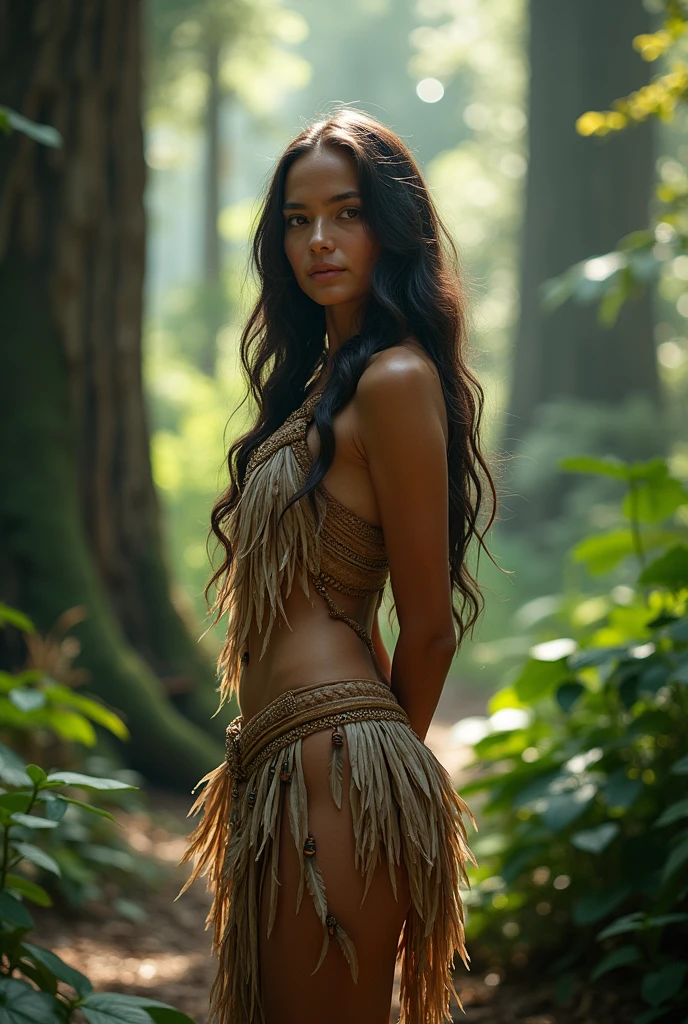 a young native american lady with squinting upturned eyes and long hair with bangs naked in a forest