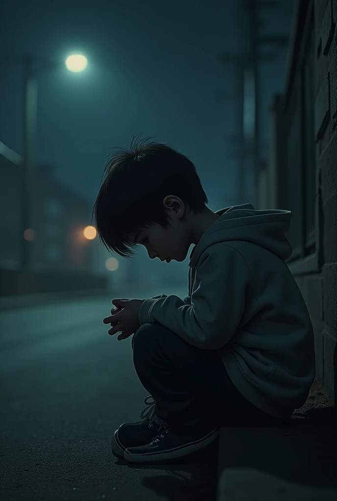 A boy sitting alone at night looking very sad pic
