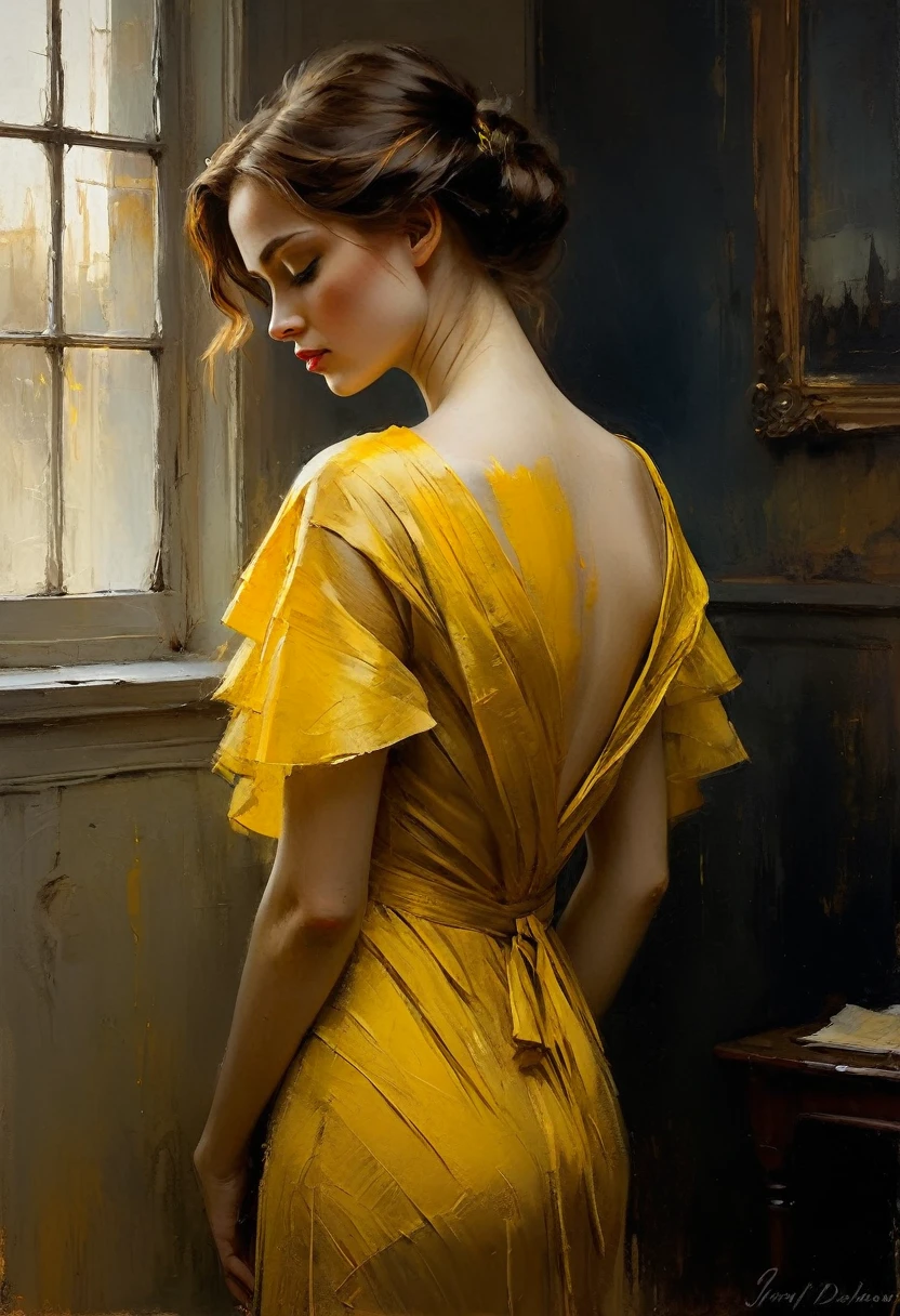 The little yellow one stands in the corner and cries. Beautiful cinematic impressionistic painting, Dark dramatic character, in the style of Jeremy Mann and Charles Dana Gibson, Mark Demsteader, Paul Headley. Spartak Mukanov.
