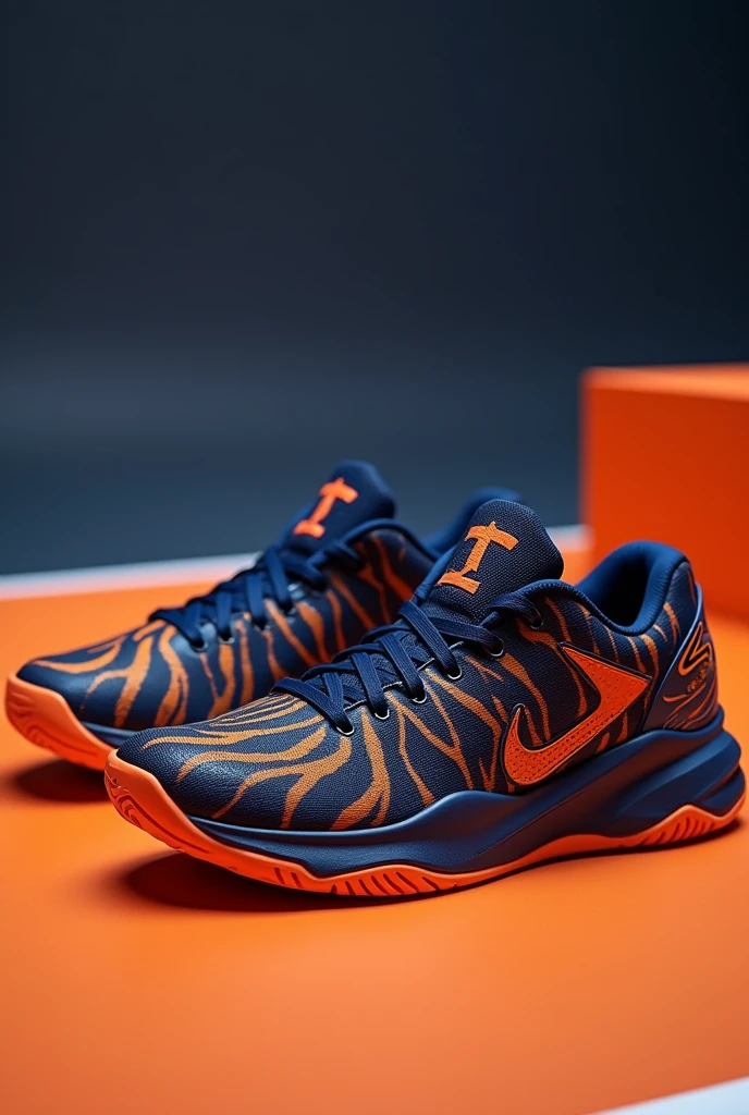 Basketball shoes, put the HZ brand, that have the best jumping technology and the best materials, that have a dull orange and navy blue color, that have the shape of a tiger and that are low boots for women