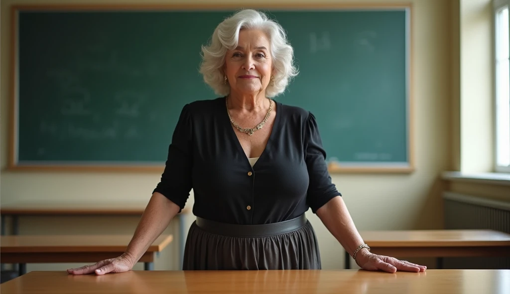woman in a skirt short is in a classroom, leaning on the table, sticking your ass out, attractive woman in her 70s, skirt short, curved, Panas, voluminous body, neckleace, breasts big, Approximately 70 years old, older elderly woman , frontal image, looking for camera, posando, splendid, natural mature woman, average size, seis-pack natural