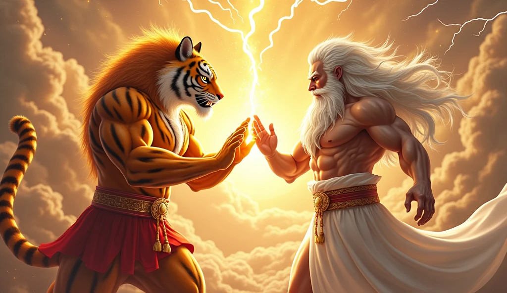 Scenario: The scene should depict two characters in a fusion posture, similar to the fusion of Goku and Vegeta from Dragon Ball-Z.
Character 1 (fortune tiger): An anthropomorphic tiger, with a strong and muscular appearance, wearing a traditional Chinese dress in gold with red details. The tiger must be in the fusion pose, with the finger pointing at the other character.
Character 2 (Gate of Olympus - Old Man of Lightning): A character similar to Zeus, with a long beard and flowing white hair, wearing a white Greek toga with gold details. He must be in the fusion pose, mirroring the tiger pose, with the finger pointing at the tiger.
Efeitos: Lightning and sparks should emanate from the meeting point of the two characters' fingers., representing the fusion.
fund: An epic and heavenly setting, com nuvens, lightning and a golden aurora in the background to give a mystical tone to the fusion.