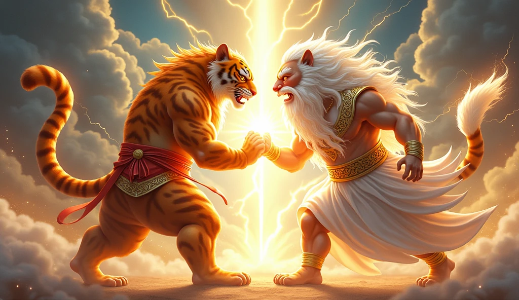 Scenario: The scene should depict two characters in a fusion posture, similar to the fusion of Goku and Vegeta from Dragon Ball-Z.
Character 1 (fortune tiger): An anthropomorphic tiger, with a strong and muscular appearance, wearing a traditional Chinese dress in gold with red details. The tiger must be in the fusion pose, with the finger pointing at the other character.
Character 2 (Gate of Olympus - Old Man of Lightning): A character similar to Zeus, with a long beard and flowing white hair, wearing a white Greek toga with gold details. He must be in the fusion pose, mirroring the tiger pose, with the finger pointing at the tiger.
Efeitos: Lightning and sparks should emanate from the meeting point of the two characters' fingers., representing the fusion.
fund: An epic and heavenly setting, com nuvens, lightning and a golden aurora in the background to give a mystical tone to the fusion.