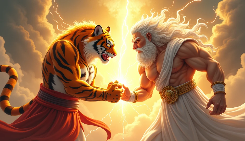 Scenario: The scene should depict two characters in a fusion posture, similar to the fusion of Goku and Vegeta from Dragon Ball-Z.
Character 1 (fortune tiger): An anthropomorphic tiger, with a strong and muscular appearance, wearing a traditional Chinese dress in gold with red details. The tiger must be in the fusion pose, with the finger pointing at the other character.
Character 2 (Gate of Olympus - Old Man of Lightning): A character similar to Zeus, with a long beard and flowing white hair, wearing a white Greek toga with gold details. He must be in the fusion pose, mirroring the tiger pose, with the finger pointing at the tiger.
Efeitos: Lightning and sparks should emanate from the meeting point of the two characters' fingers., representing the fusion.
fund: An epic and heavenly setting, com nuvens, lightning and a golden aurora in the background to give a mystical tone to the fusion.