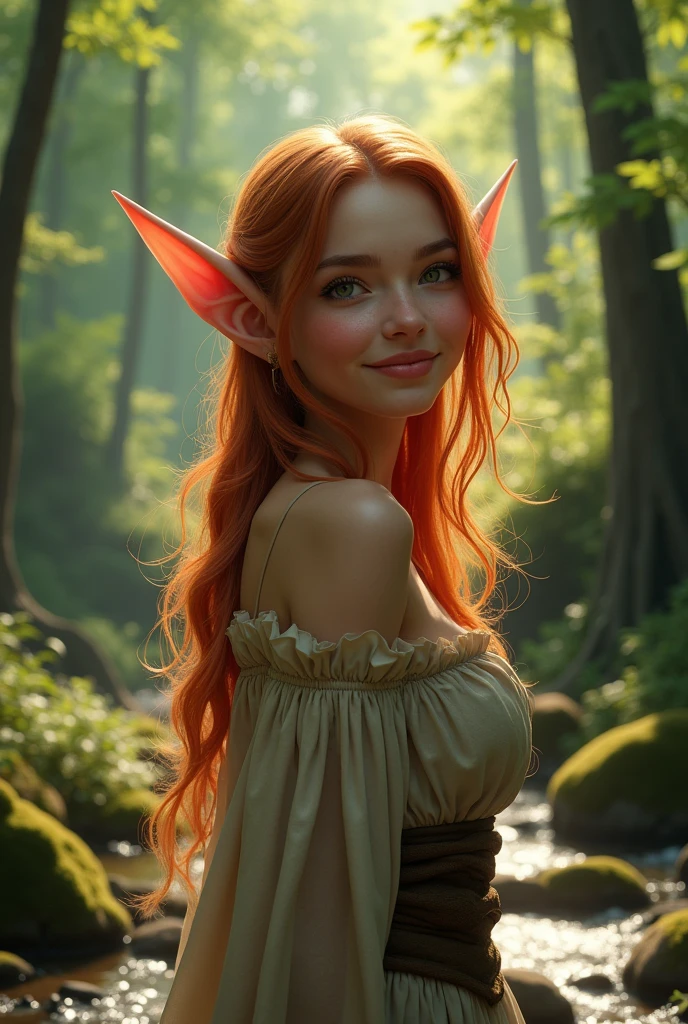 model photoshoot of female elf joyful in the woods, short elf ears, realistic, Nikon D850, shot in 8-bit color depth, using a combination of strobes and natural light for maximum realism