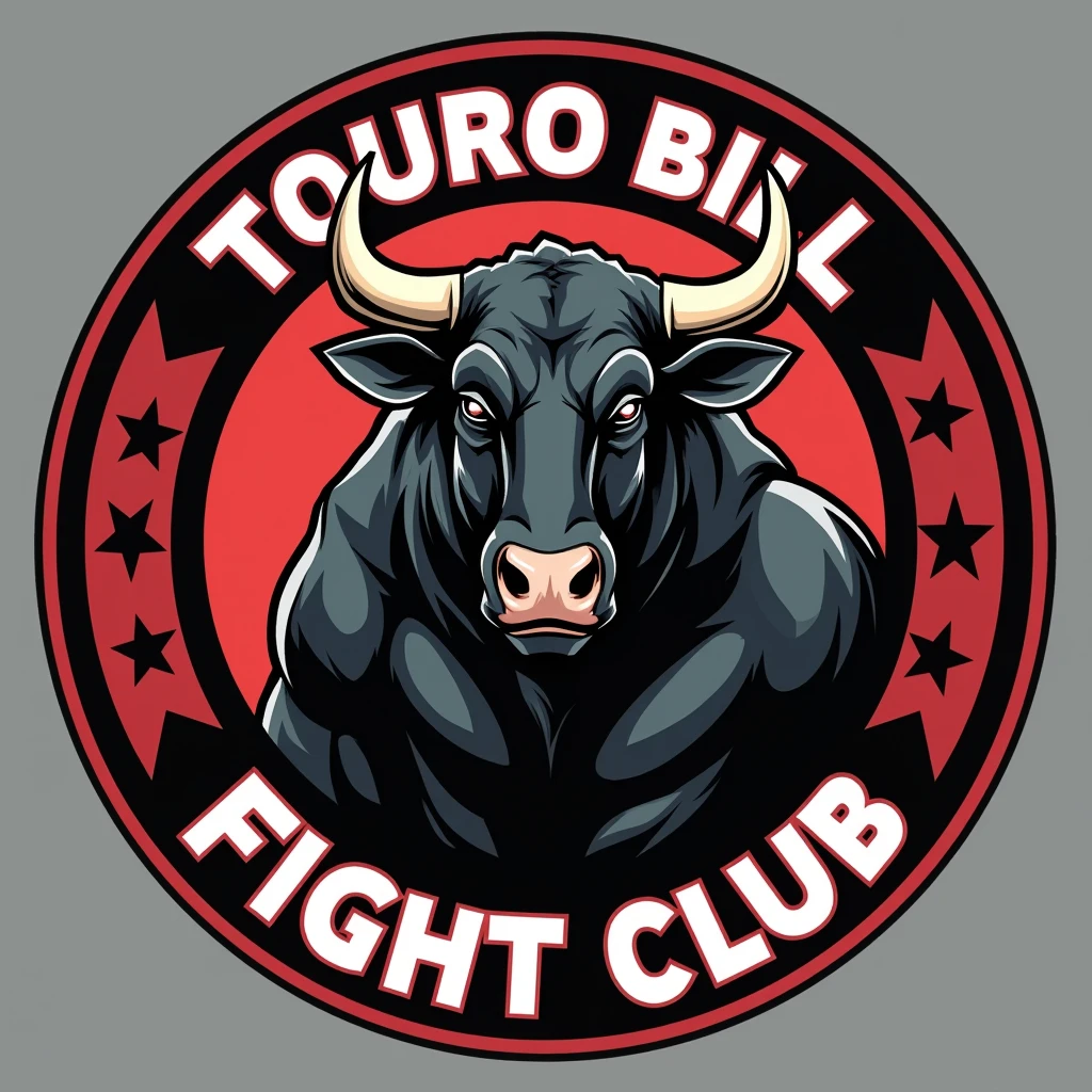 A detailed, high-quality illustration of a full-body silhouette of a bull in a powerful pose for a fighting club logo. The bull should be strong and dynamic, with clear details of its muscular body and sharp horns. Surrounding the bull, create a circular border with the text 'TOURO BILL FIGHT CLUB' in bold, readable letters suitable for a medal design. The artwork should be clean and bold, without metallic textures, making it ideal for printing on a medal. The design should emphasize strength and aggression, with sharp lines and a striking visual impact."Alta resolução, Preciso, Melhor qualidade