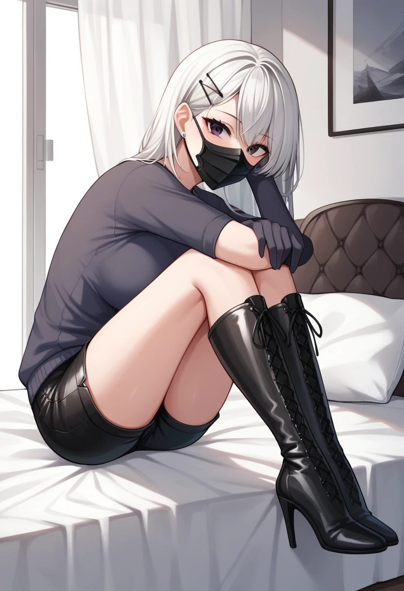 score_9, score_8_up, score_7_up, score_6_up, score_5_up, score_4_up, source_anime, 1woman, fair skin, She lay down on her back, Nice face, bed, white hair, hairpins, black eyes, leather long gloves, mask, clean hair, sweater, shorts, knee high boots, zip up, form fit, heels, room, best quality, best res, 4K UHD,