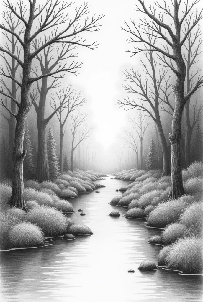 forest and river scenery. Make it drawn using only a pencil 