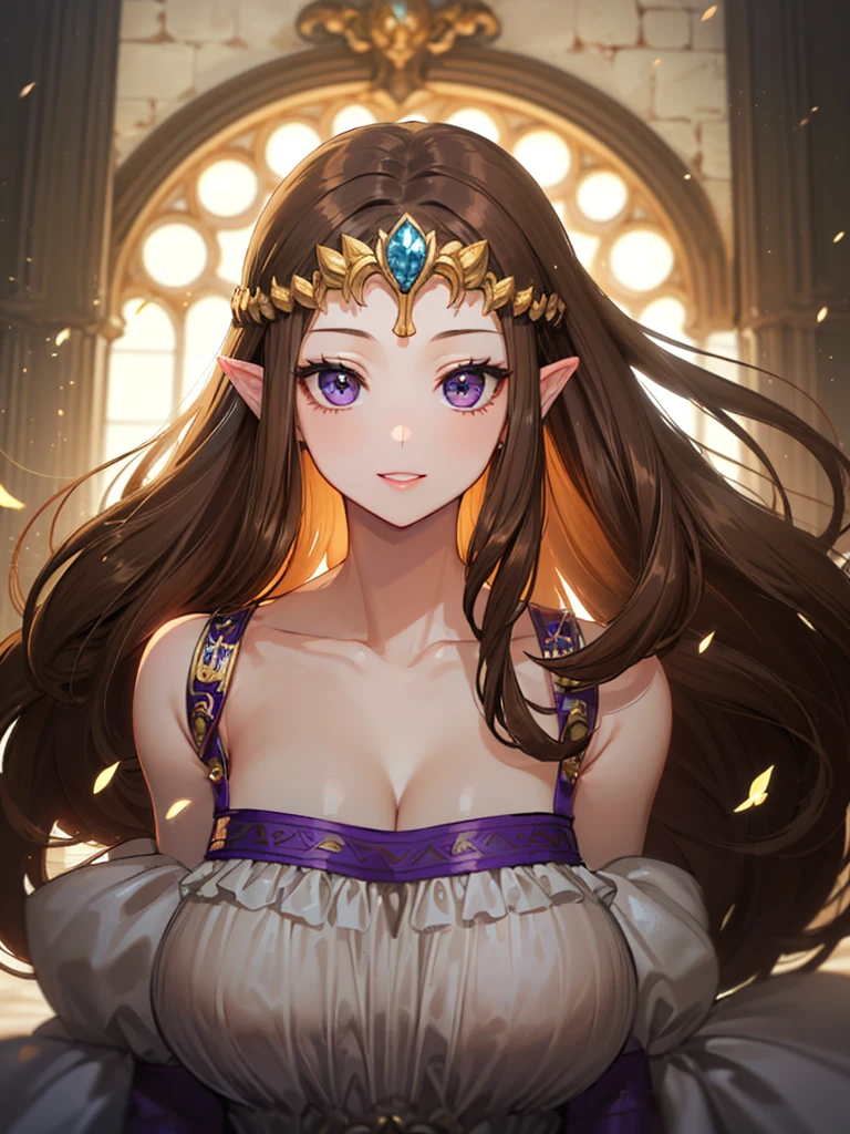 (((Face close-up))),((((Her hair is fluttering))))),(Expressionless),((((((Exposed shoulders)))))),((((Upper Body)))),((alone)),((side angle))),Anime art style,masterpiece,(Highest quality), (Super detailed),(Very delicate and beautiful),(((((Beautiful glossy lips))))),(detailedな顔と目),Beautiful eyes like jewels,(A truly gorgeous jeweled ruffled rococo ball gown dress),(((Mature Woman,Queen))),((1 Queen in a beautiful embroidery and jeweled absolutely gorgeous rococo ballgown dress with voluminous full length hoop skirt)),((crinoline)),,((Straight hair galore,Very long straight hair with plenty of volume,Super long straight hair)),,Cleavage,(bed),length_gloves,Very gorgeous hair accessories、((((front)))),((((Adult Expressions)))),((((Beautiful Face)))),((((dress)))),((Overhead Shot)),(((Long Hair)))),((((Straight hair)))),((Cleavage)),((((Dark brown hair)))),Princess Zelda,((chest is slightly exposed)), ((Highest quality)),,(Very detailed) ,((Purple Blouse)),((())),Brown Hair,(()),, ((Highest quality)), (Very detailed),((detailed)),(((smile))),Nintendo, The Legend of Zelda),,((alone)), ((Highest quality)), (Very detailed), ,