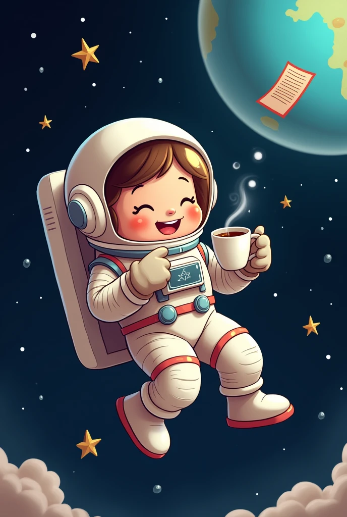 Astronaut drinking coffee in space cartoon