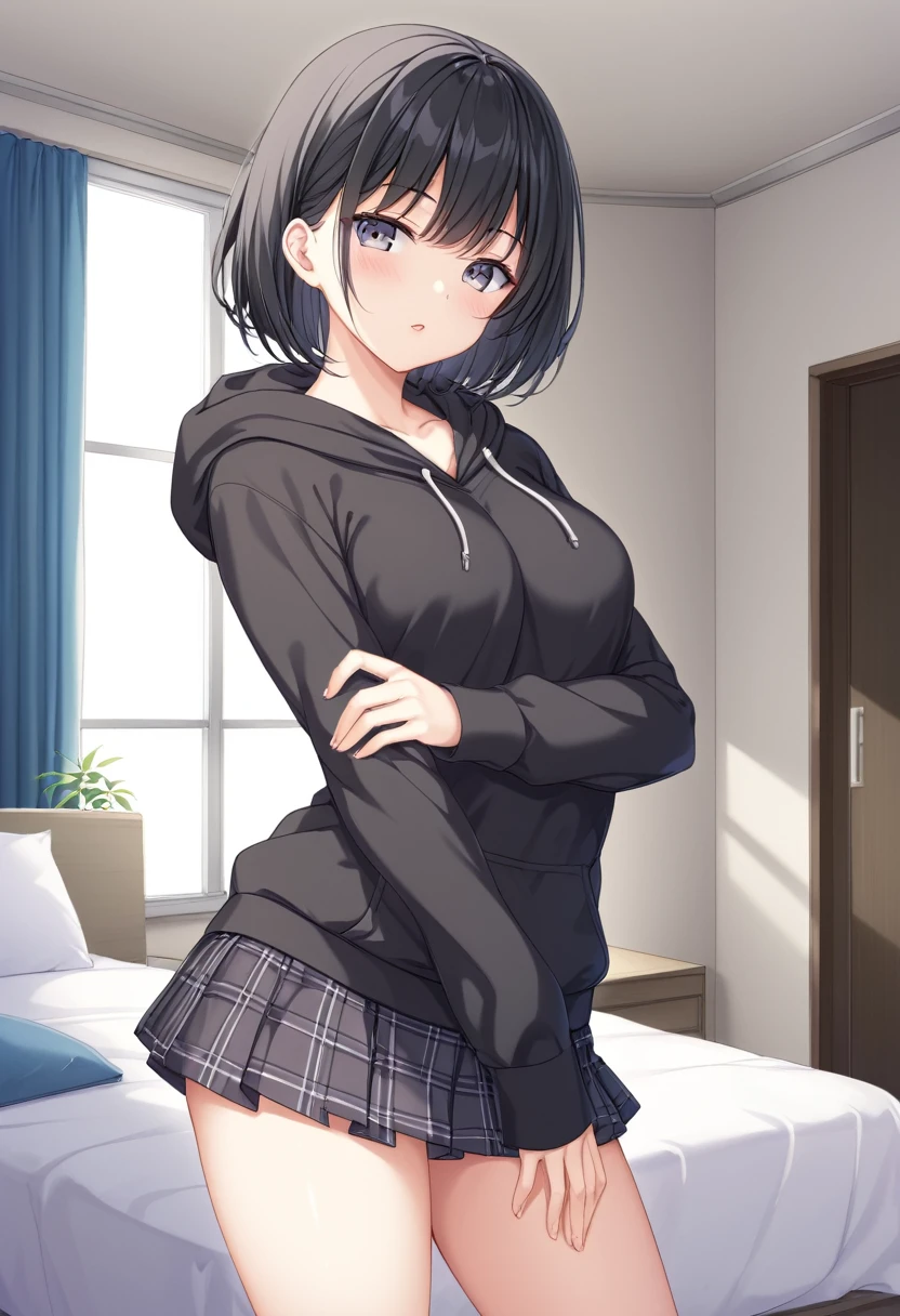 Background room、Black hoodie、Black Hair、Beautiful eyes、high resolution、Short skirt、Medium chest、Standing posture