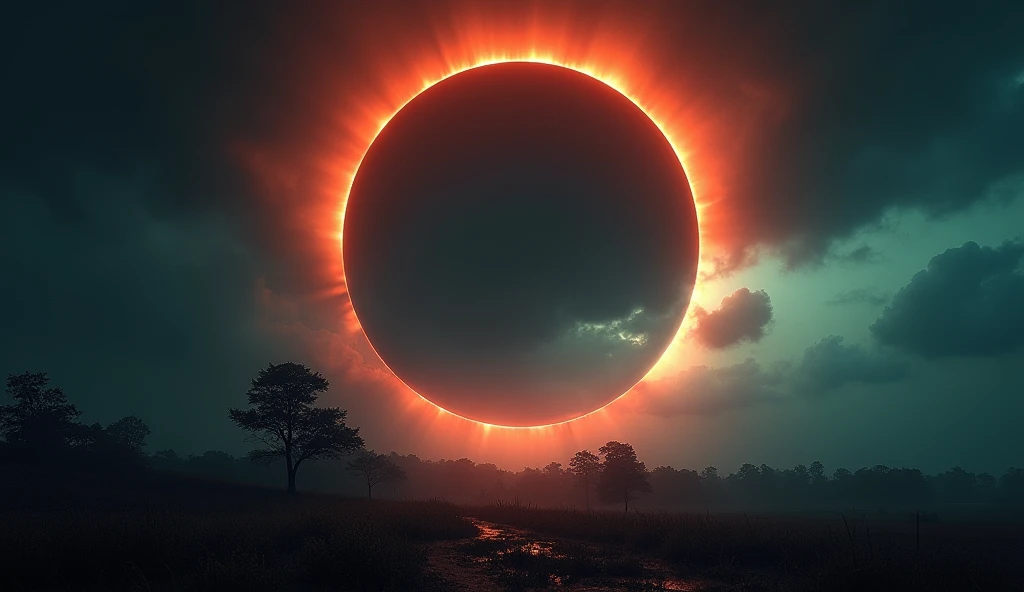 High-quality image of a solar eclipse in progress, capturing the eerie shift in light as the moon covers the sun. The sky darkens, with the sun's corona glowing faintly, and the landscape beneath shows muted reds and vibrant blues and greens, emphasizing the Purkinje effect.